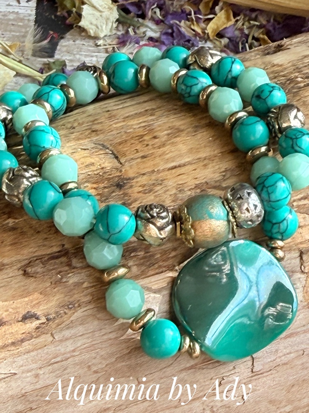 Green silver + Gold Beaded stack Bracelets